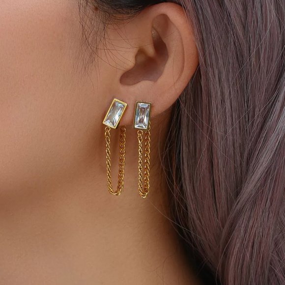 Zircon Chain Earrings With 18K Gold Plated Stainless Steel Waterproof - Picture 4 of 7